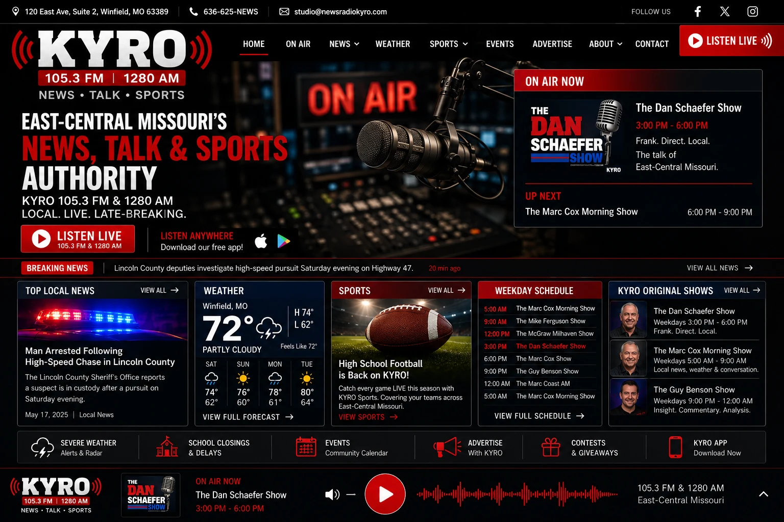 News Radio KYRO redesigned homepage showing live radio, local news, weather, sports, schedule, and original programming