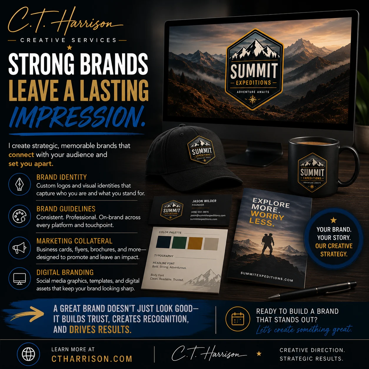 Brand identity service presentation with logo, guidelines, business cards, promotional pieces, and digital branding
