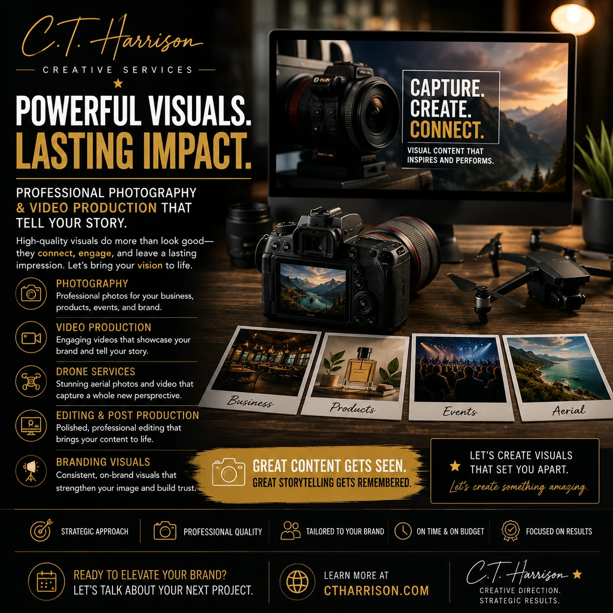 Creative production services including professional visual media, video, event coverage, editing, and branded content