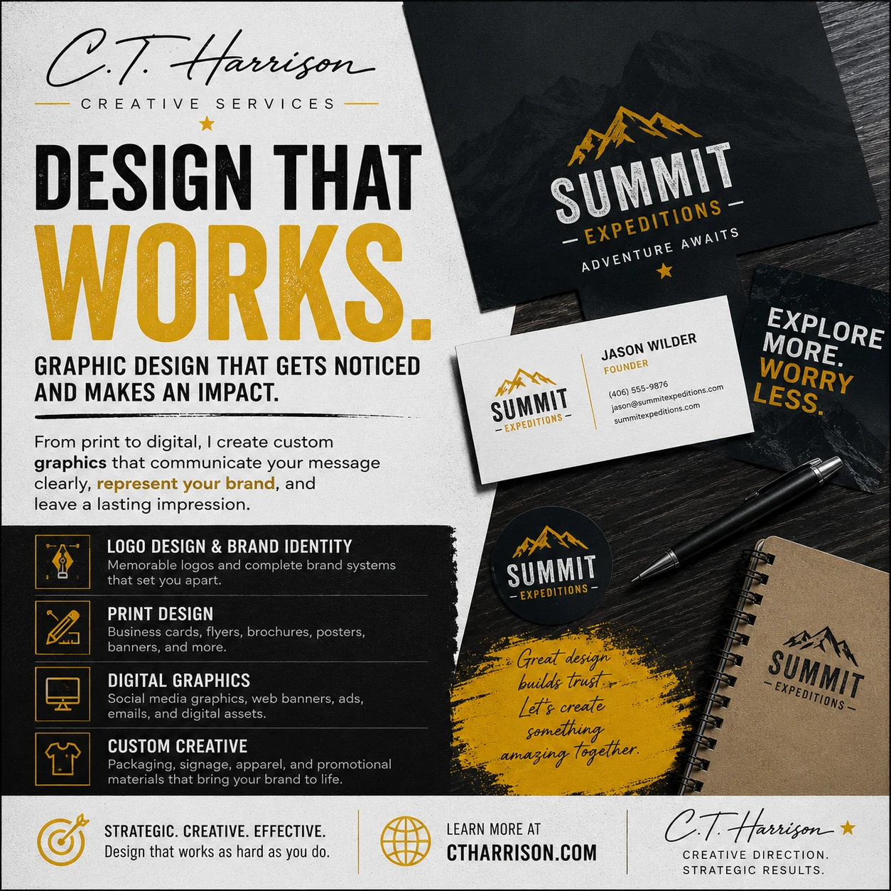 Graphic design services for logos, print pieces, digital graphics, apparel, signage, and promotional materials